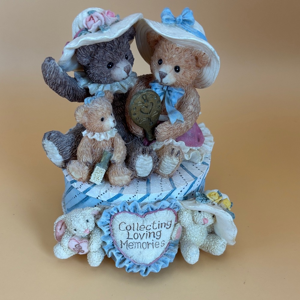 Charming Teddy Bear Figurine Music Box with Blue and Pink Accents